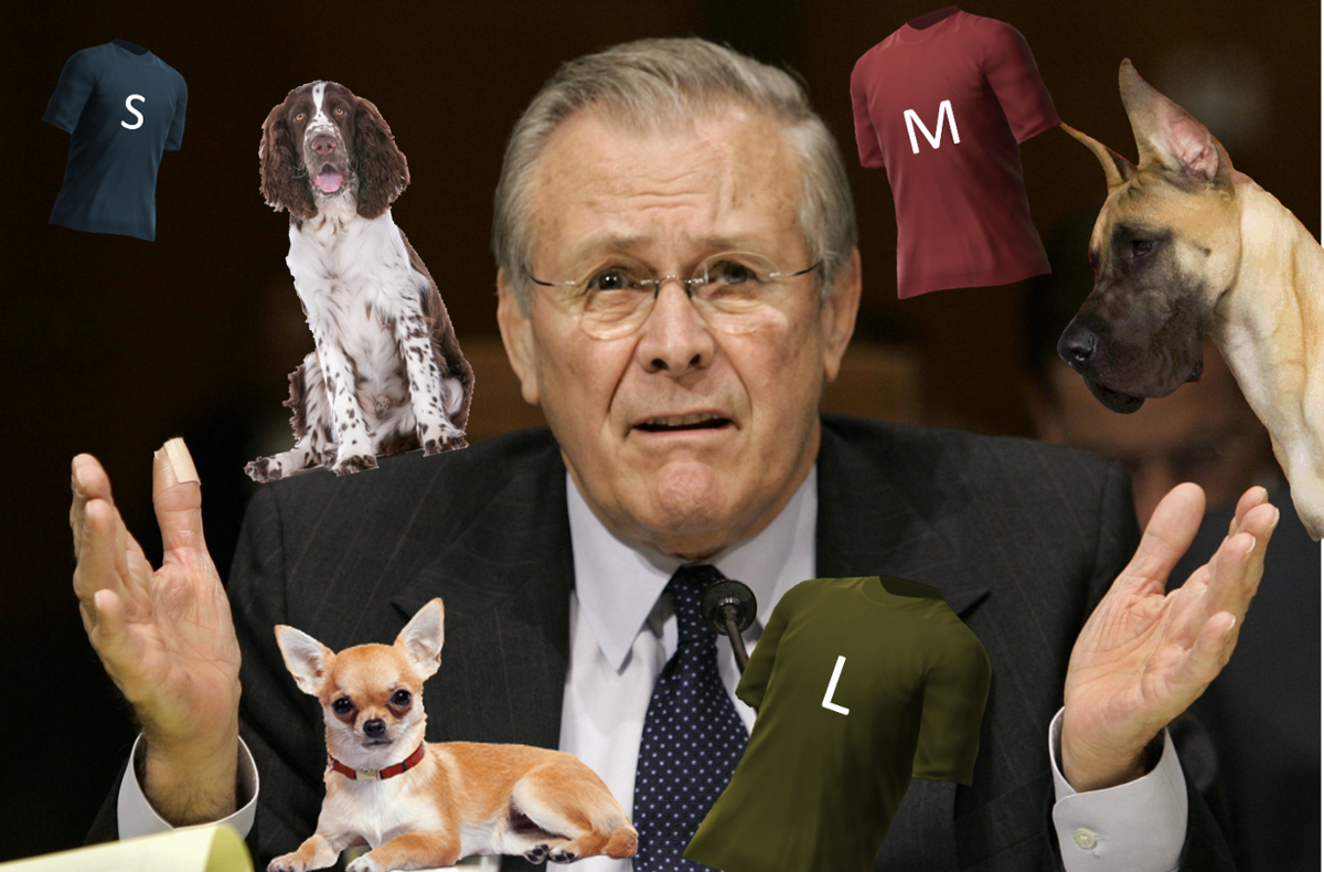 Donald Rumsfeld with assorted sized dogs and T shirts