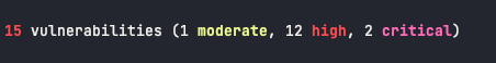 npm audit output showing 2 critical, 12 high and 1 moderate vulnerabilities