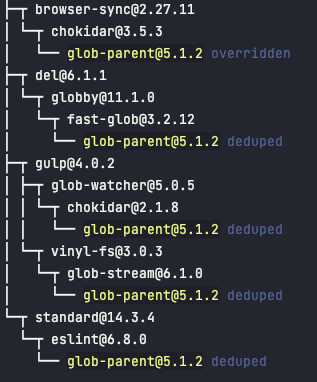 Output of npm ls for a package once its version has been overriden to ensure all are up to date